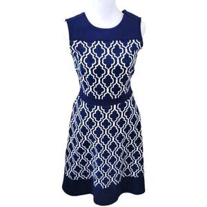 Land's End Sleeveless Fit & Flare Dress Geometric Print Stretch Navy Size 2